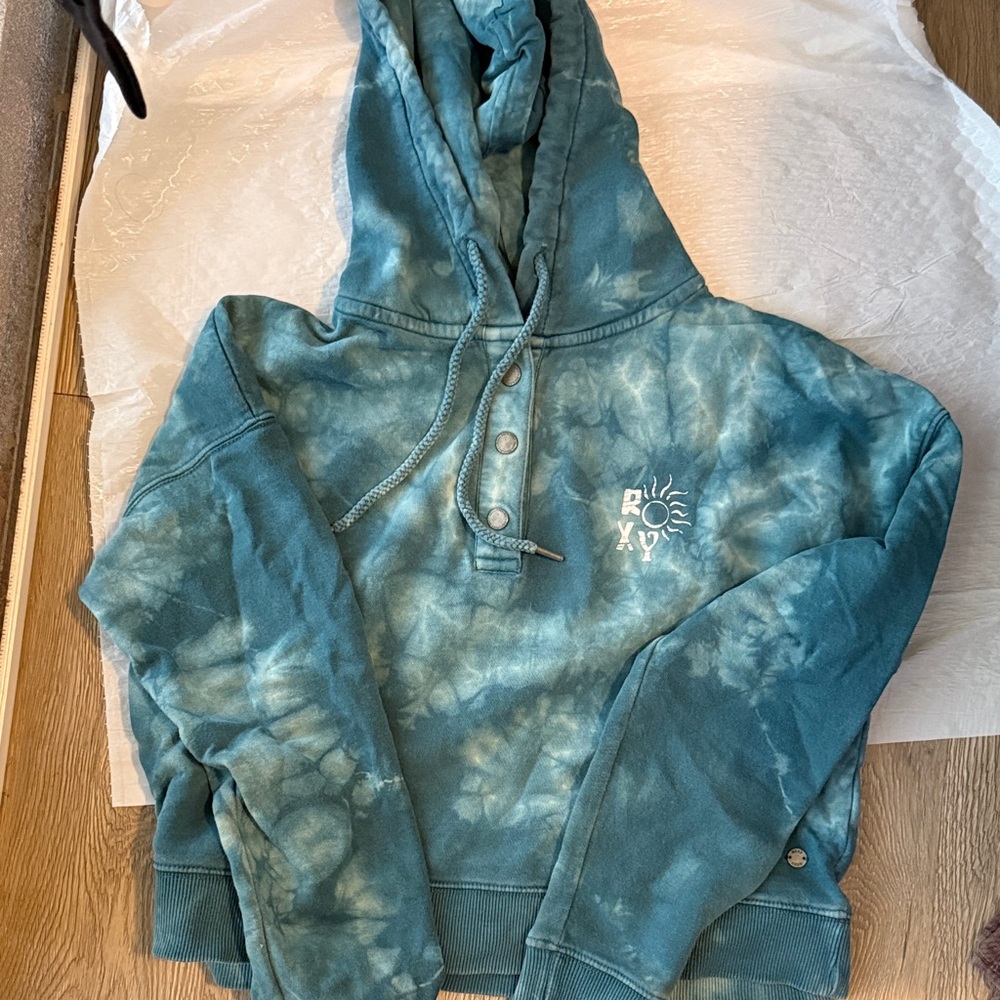 ROXY Tie-Dye Teal Hooded Sweatshirt with Henley Buttons